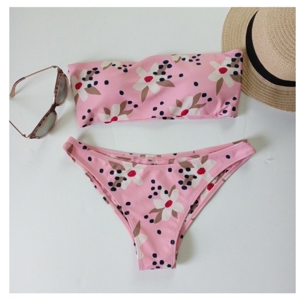 Khongboon Swimwear Pink Floral Bandeau Bikini Set Size L - NWOT Stockholm Design
